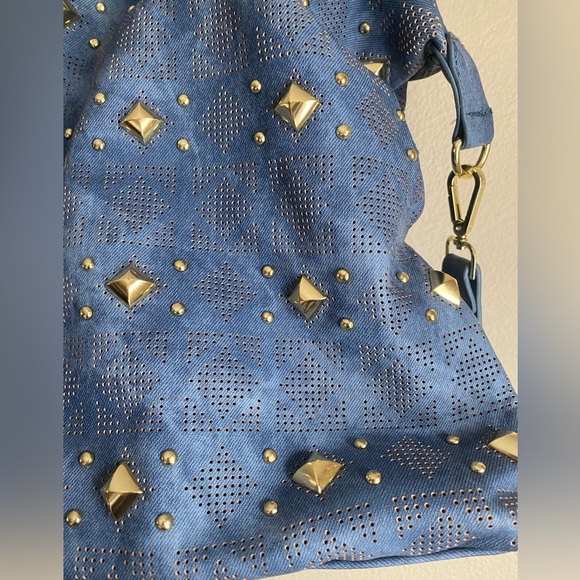 Steve Madden Large Blue Purse Gold Studded Tote Shoulder Bag NWOT - Picture 2 of 11